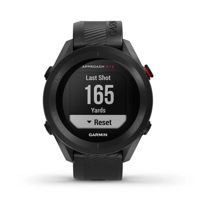 Garmin Approach S12 smartwatch displaying 'Last Shot 165 Yards' on the screen.