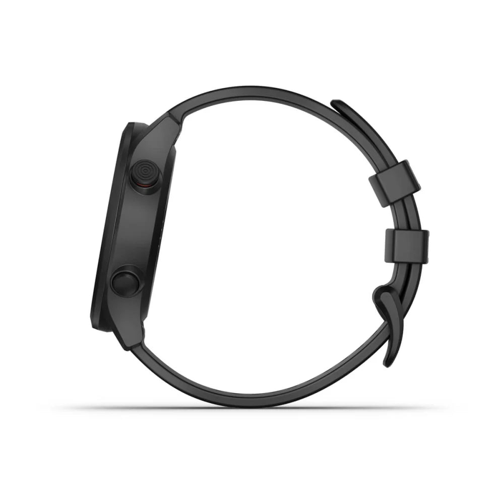 Black smartwatch with a sleek design, viewed from the side, showcasing two buttons and a flexible strap.