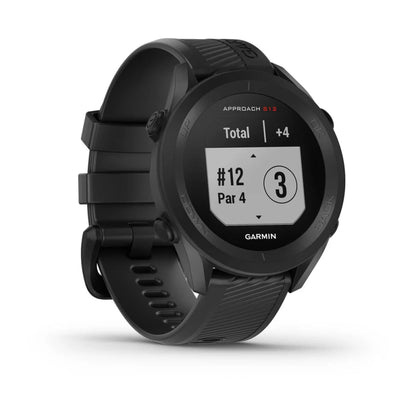 Garmin Approach S12 golf watch displaying hole information, featuring a black strap and round face.