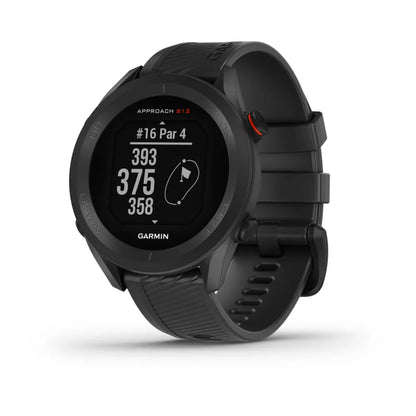 Garmin Approach S12 golf watch displaying hole information with distance measurements for a par 4 hole.