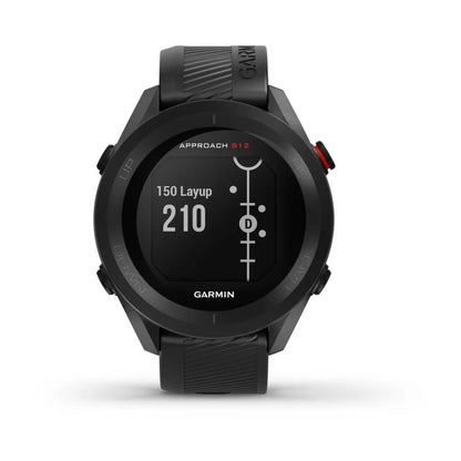 Garmin Approach S12 golf watch displaying a screen with '150 Layup' and '210' information.