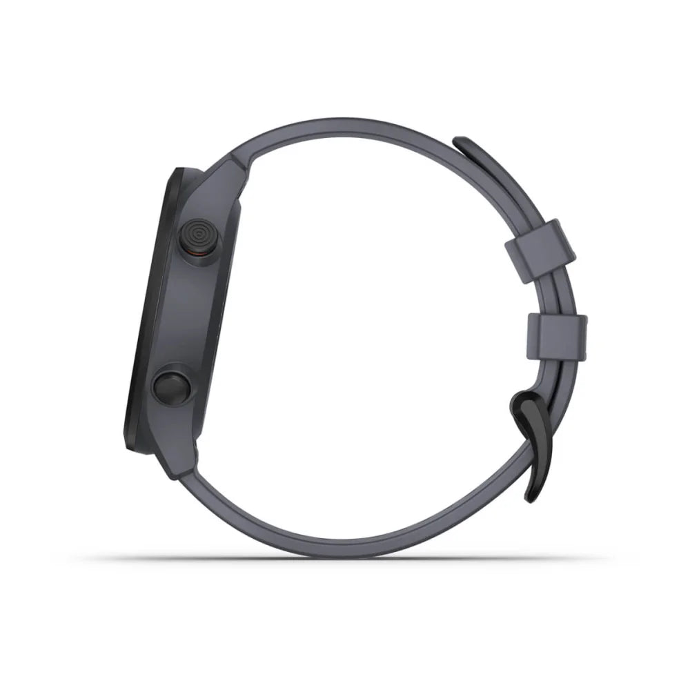 Side view of the Garmin Approach S12 smartwatch, featuring a sleek design with two buttons and a flexible strap.