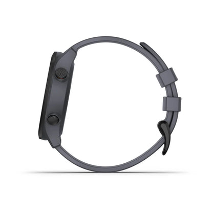 Side view of the Garmin Approach S12 smartwatch, featuring a sleek design with two buttons and a flexible strap.