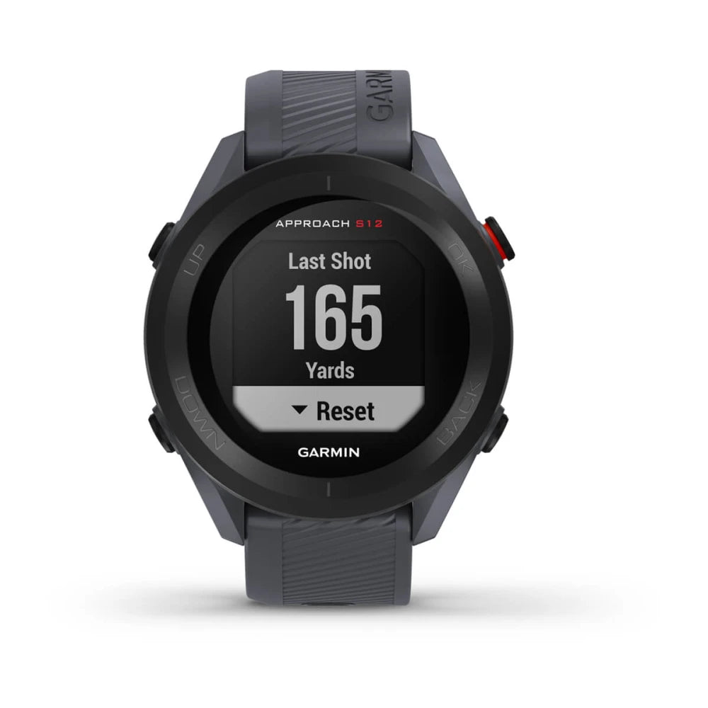 Garmin Approach S12 golf watch displaying 'Last Shot 165 Yards' on the screen.