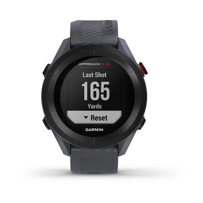 Garmin Approach S12 golf watch displaying 'Last Shot 165 Yards' on the screen.