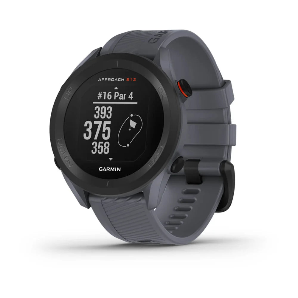 Garmin Approach S12 golf smartwatch displaying hole information with distance measurements.