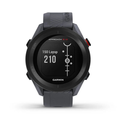 Garmin Approach S12 golf watch displaying a layout guide with a distance of 210 yards and a 150-yard layup marker.