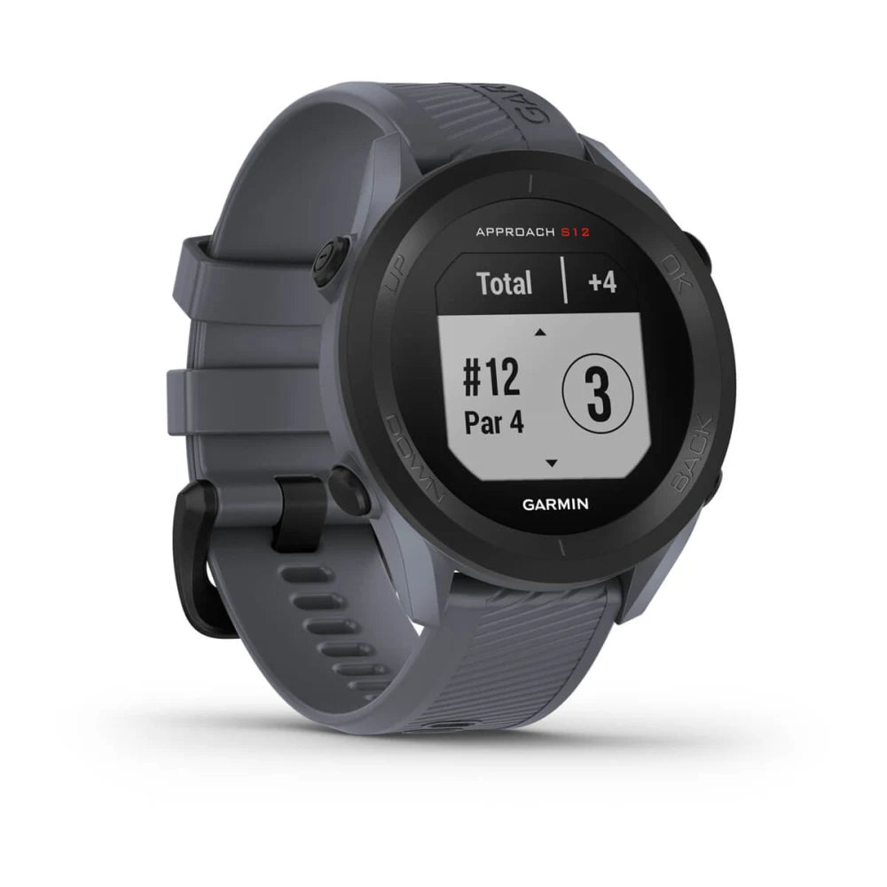 Garmin Approach S12 golf watch displaying hole information with a gray strap.