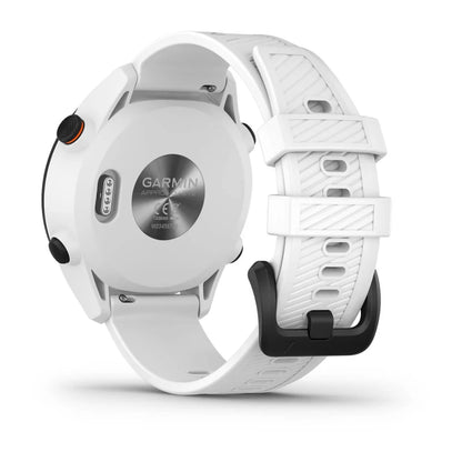 Back view of the Garmin Approach S12 golf watch, featuring a white strap and a circular display with the Garmin logo.