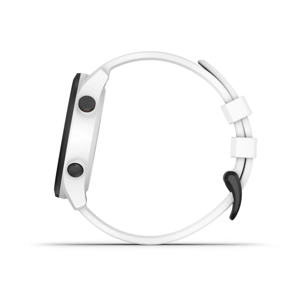Side view of the Garmin Approach S12 golf watch, featuring a white strap and black buttons.