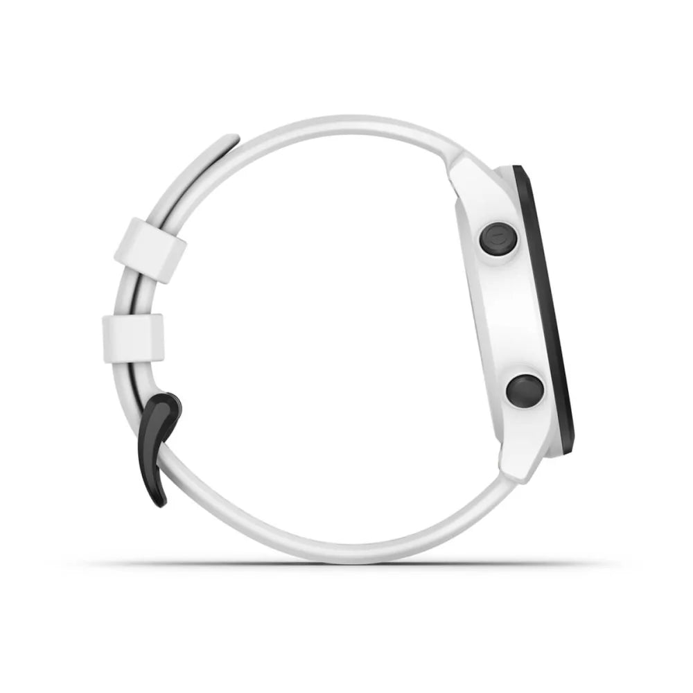 Garmin Approach S12 golf watch shown from the side, featuring a white band and a black display with two buttons.