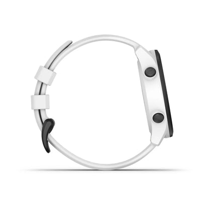 Garmin Approach S12 golf watch shown from the side, featuring a white band and a black display with two buttons.