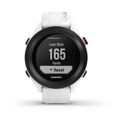 Garmin Approach S12 golf watch displaying Last Shot 165 Yards on the screen with a white strap.