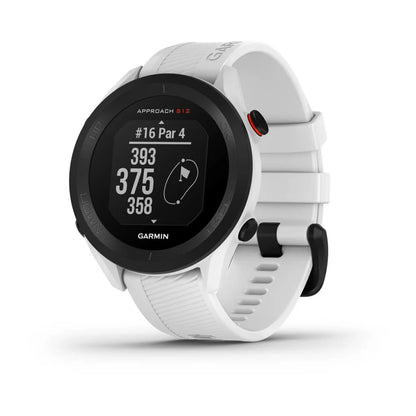 Garmin Approach S12 golf watch displaying hole information with distance measurements and a course layout.