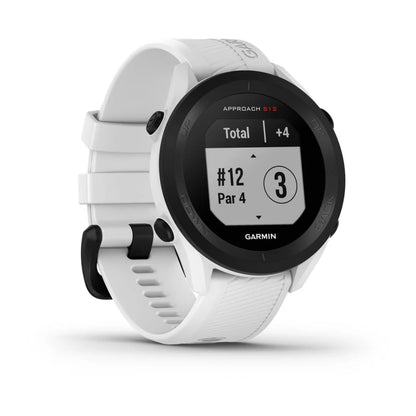 Garmin Approach S12 golf watch displaying hole information, featuring a white strap and a black face with a digital screen showing hole number 12 and par 4.