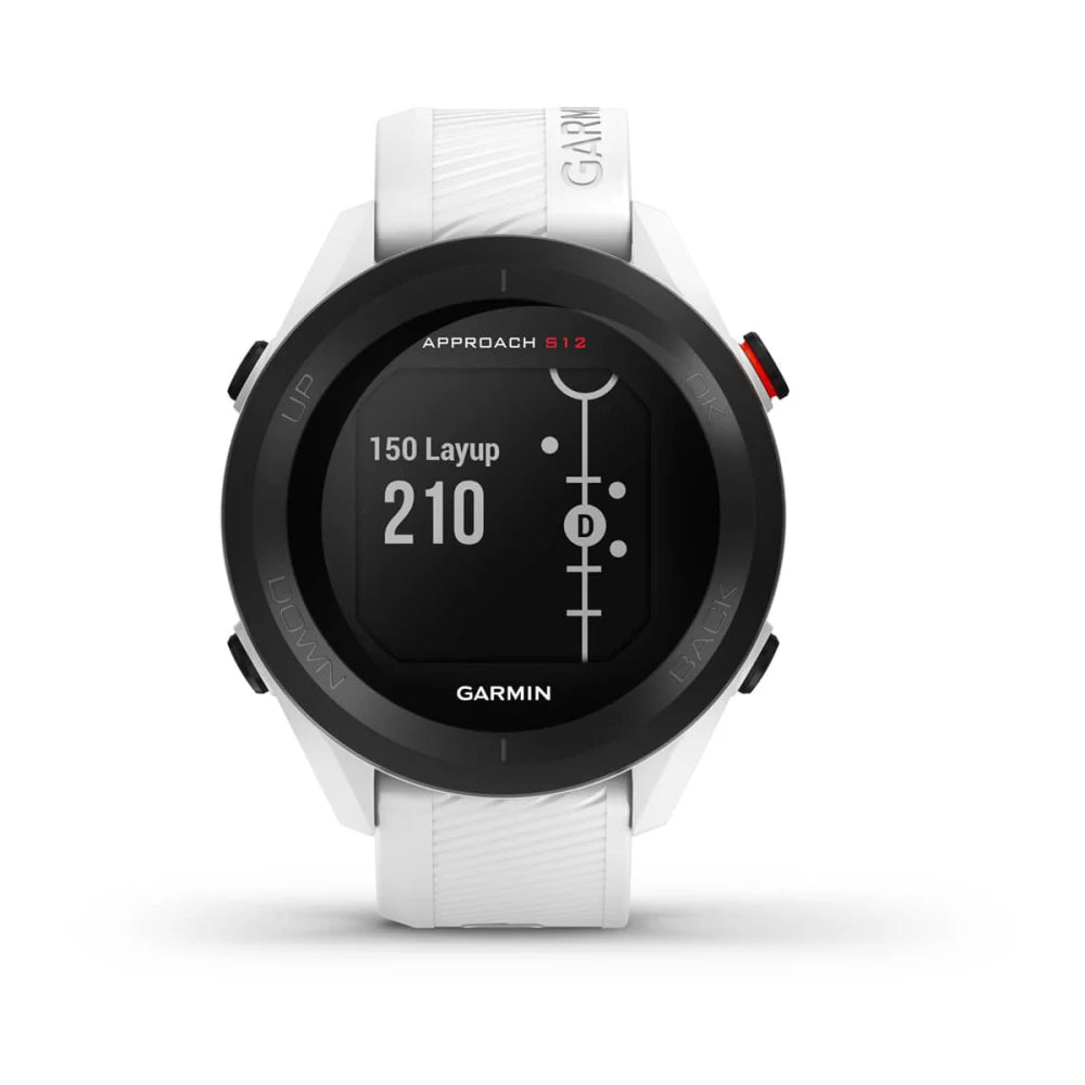 Garmin Approach S12 golf watch displaying a screen with '150 Layup' and '210' on a black background, featuring a white strap.