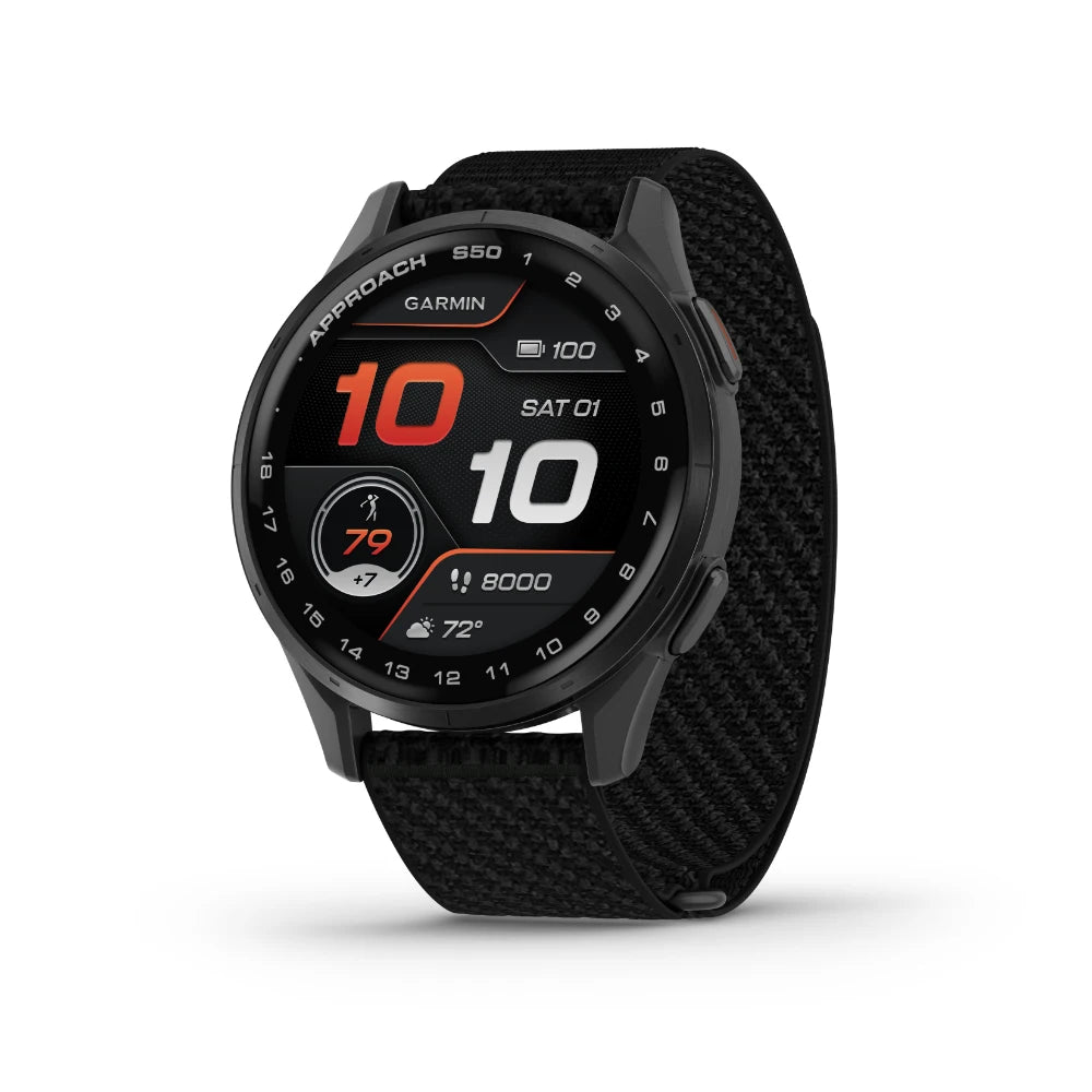 Garmin Approach S50 smartwatch displaying fitness metrics and time on a black fabric strap.
