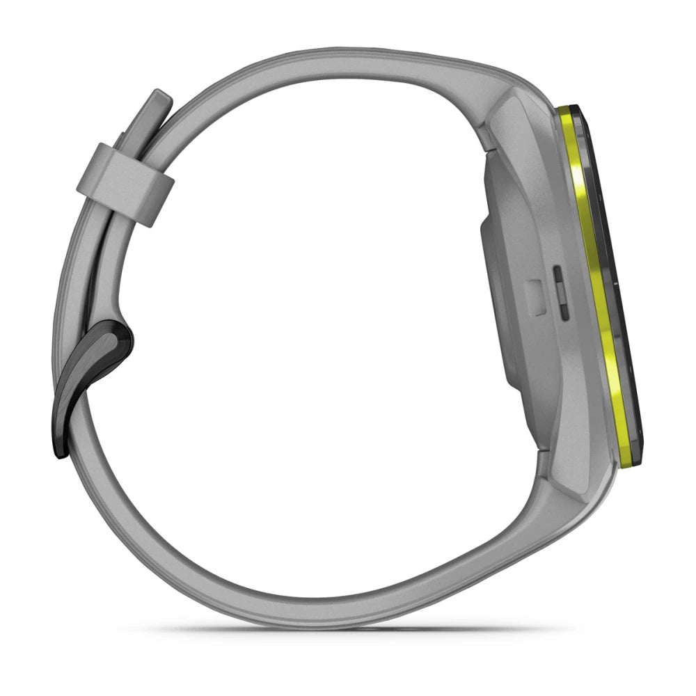 Side view of the Garmin Approach S70 smartwatch with a gray strap and yellow accents.