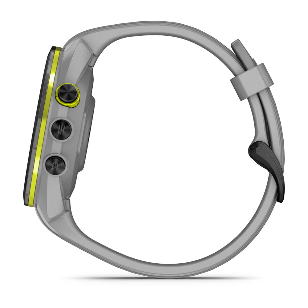 Side view of the Garmin Approach S70 smartwatch, featuring a sleek design with a gray strap and vibrant yellow accents.