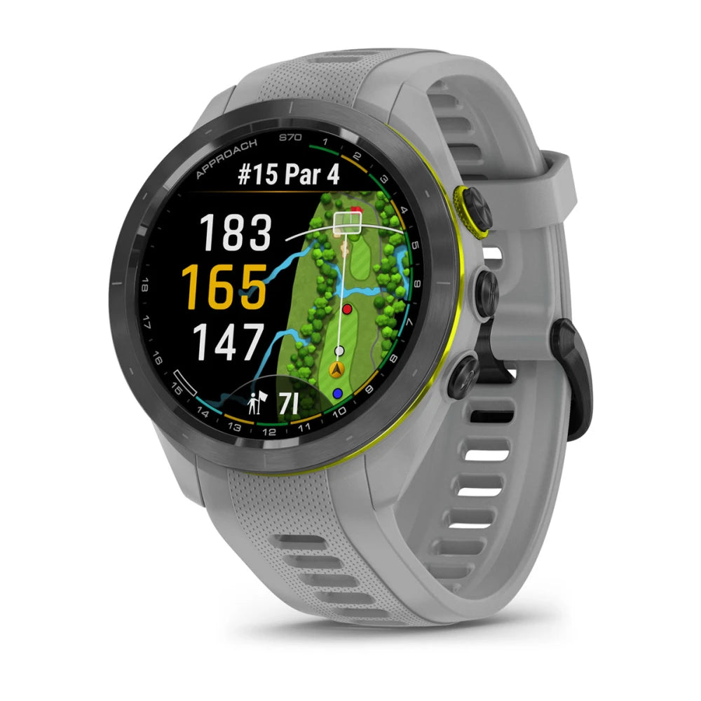 Garmin Approach S70 smartwatch displaying a golf course hole layout with distances marked for a par 4, featuring a sleek gray design.