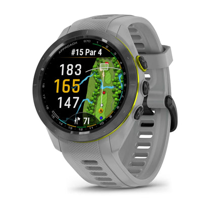 Garmin Approach S70 smartwatch displaying a golf course hole layout with distances marked for a par 4, featuring a sleek gray design.