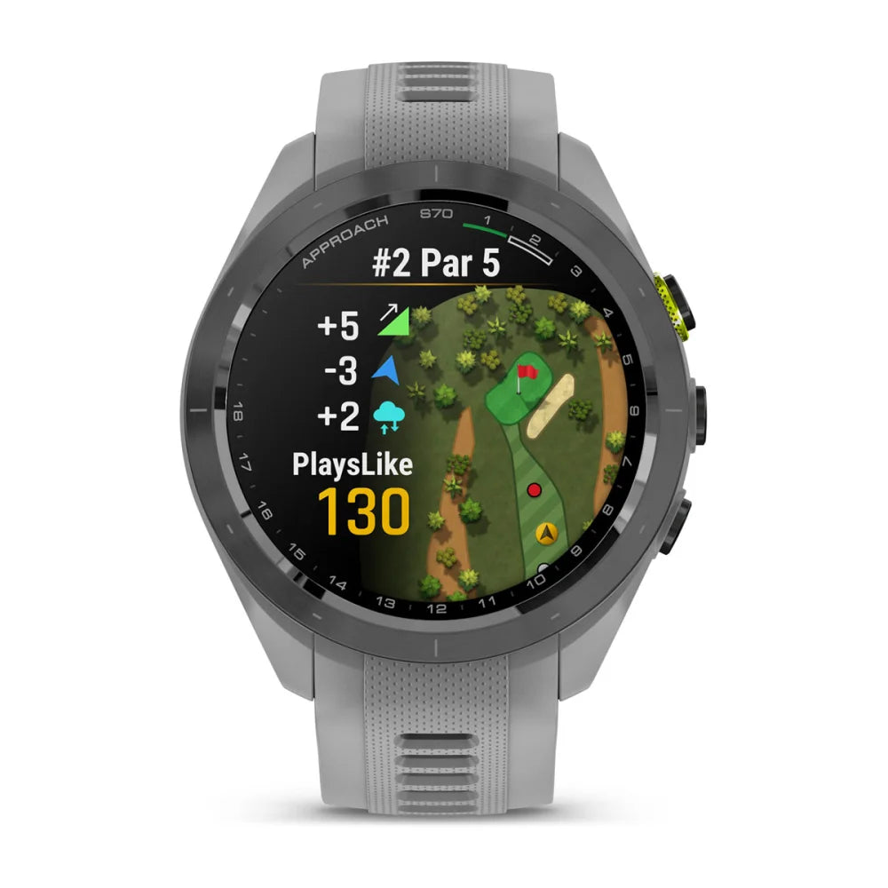 Garmin Approach S70 golf watch displaying a hole map with statistics including par, score adjustments, and a PlaysLike distance of 130 yards.