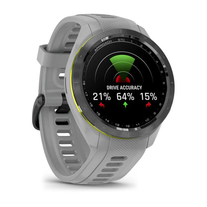 Garmin Approach S70 smartwatch displaying drive accuracy metrics with a sleek design and a gray strap.