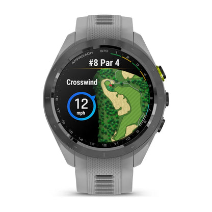 Garmin Approach S70 smartwatch displaying a golf course map with hole #8, wind speed of 12 mph, and crosswind information.