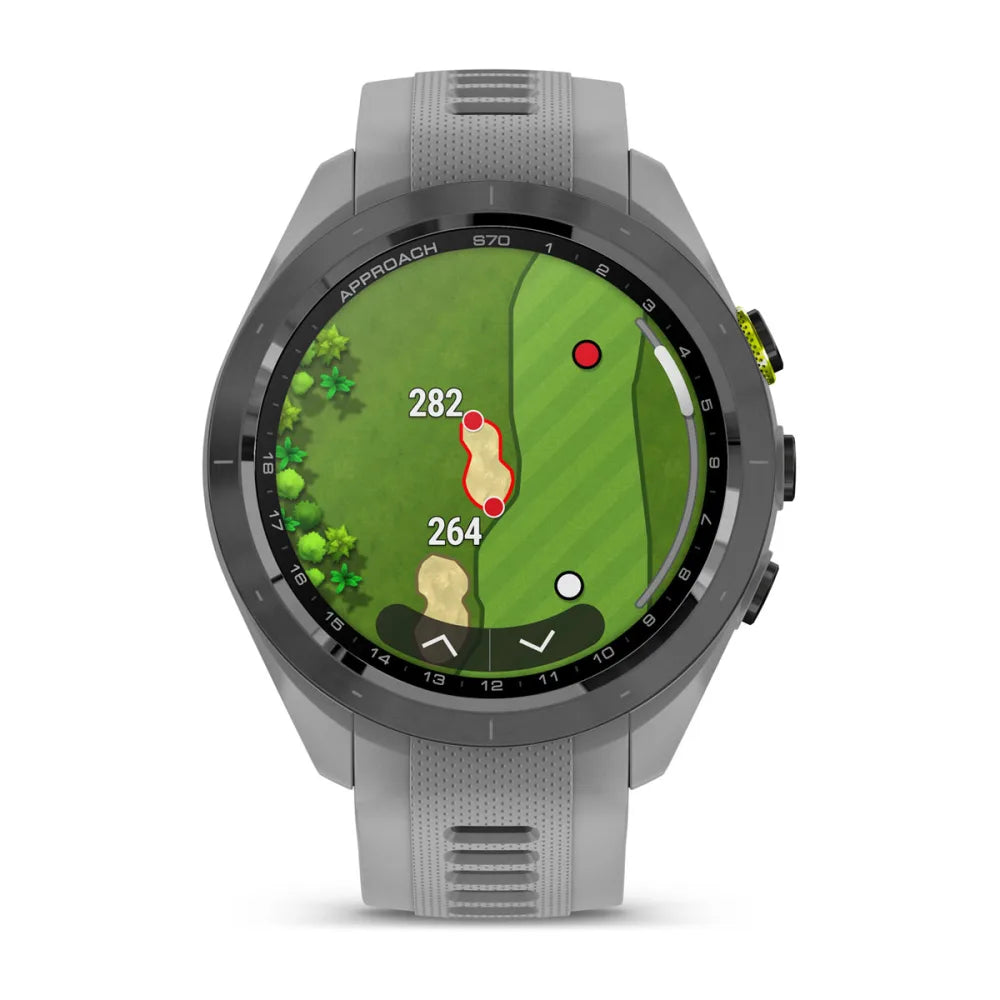Garmin Approach S70 golf watch displaying a detailed course map with yardage markers on the screen.