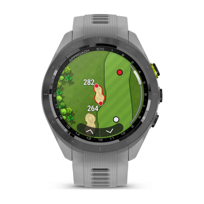 Garmin Approach S70 golf watch displaying a detailed course map with yardage markers on the screen.