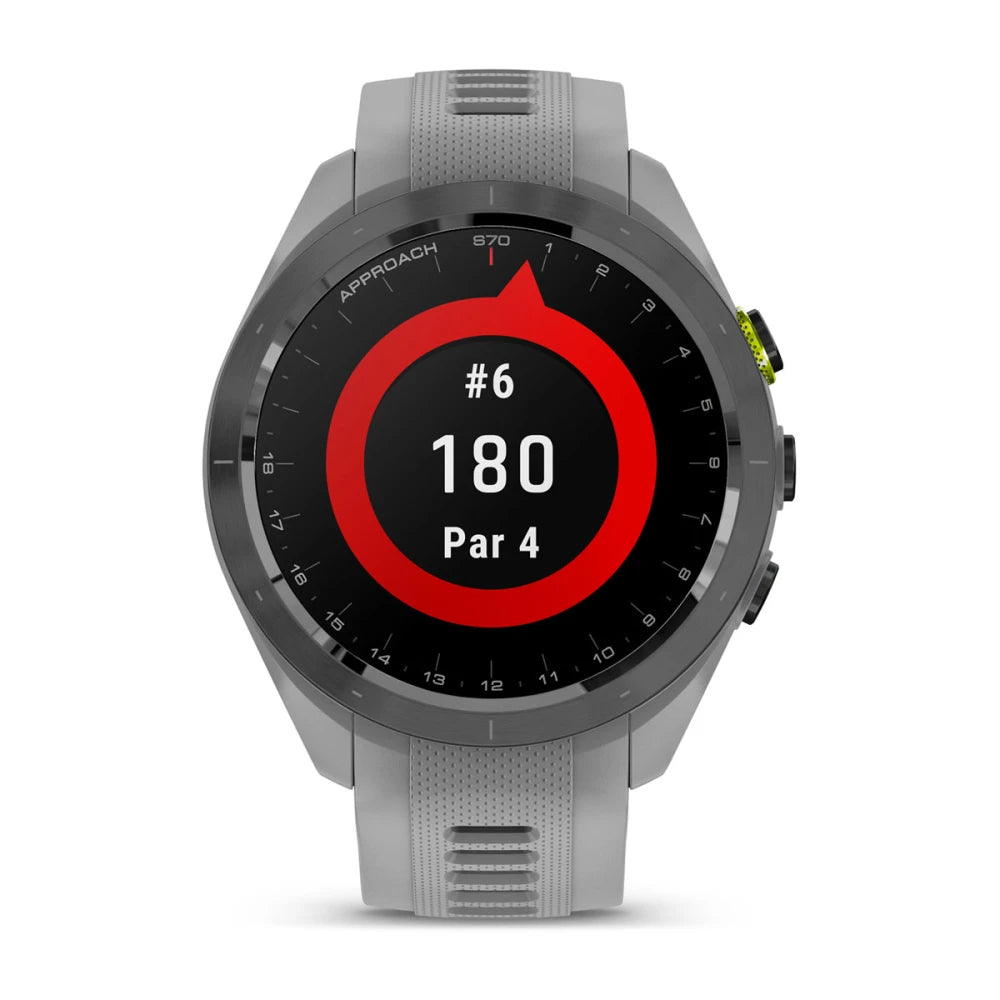 Garmin Approach S70 smartwatch displaying hole #6, distance 180 yards, Par 4 on its screen.