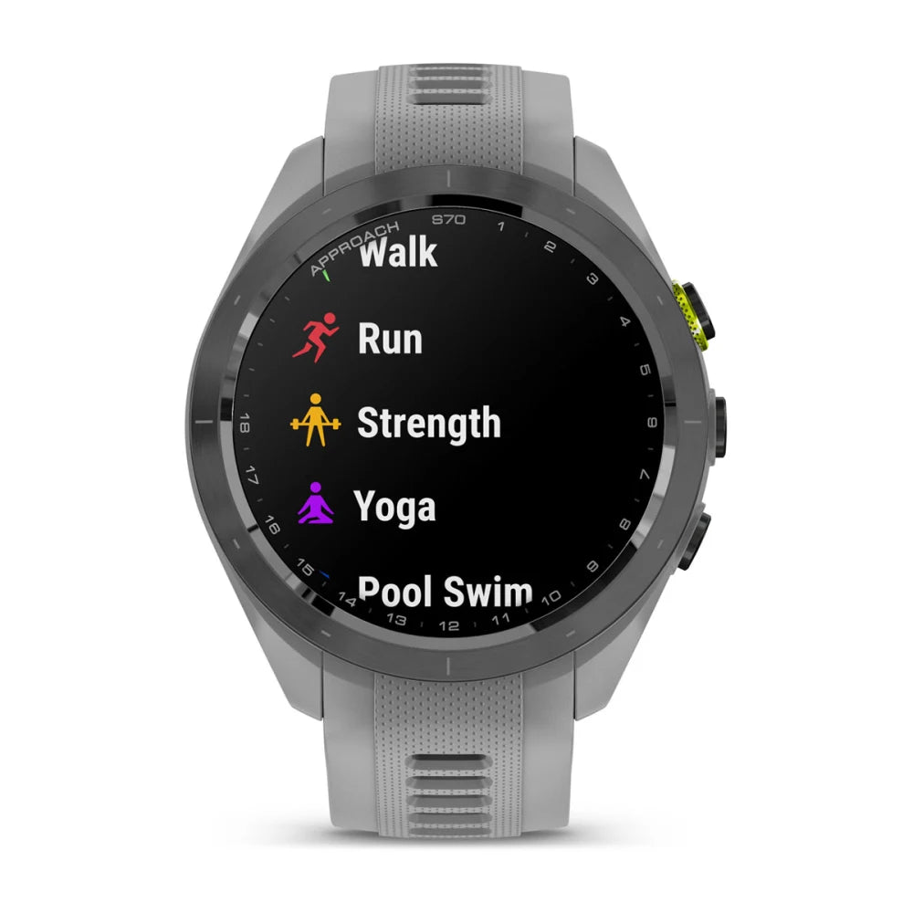 Garmin Approach S70 smartwatch displaying workout options including Walk, Run, Strength, Yoga, and Pool Swim.