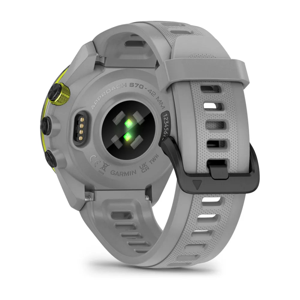 Back view of the Garmin Approach S70 golf watch, showcasing the sensors and strap design.