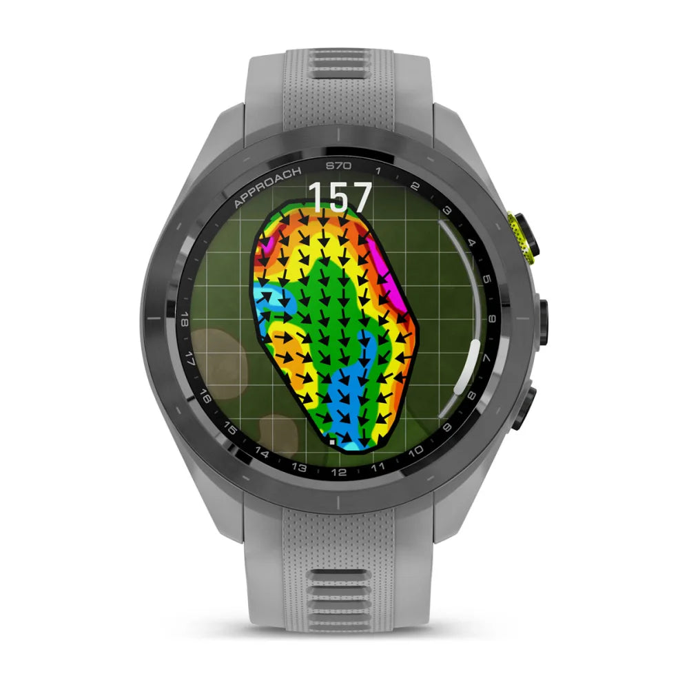Garmin Approach S70 smartwatch displaying a colorful golf course map with directional arrows and a distance reading.