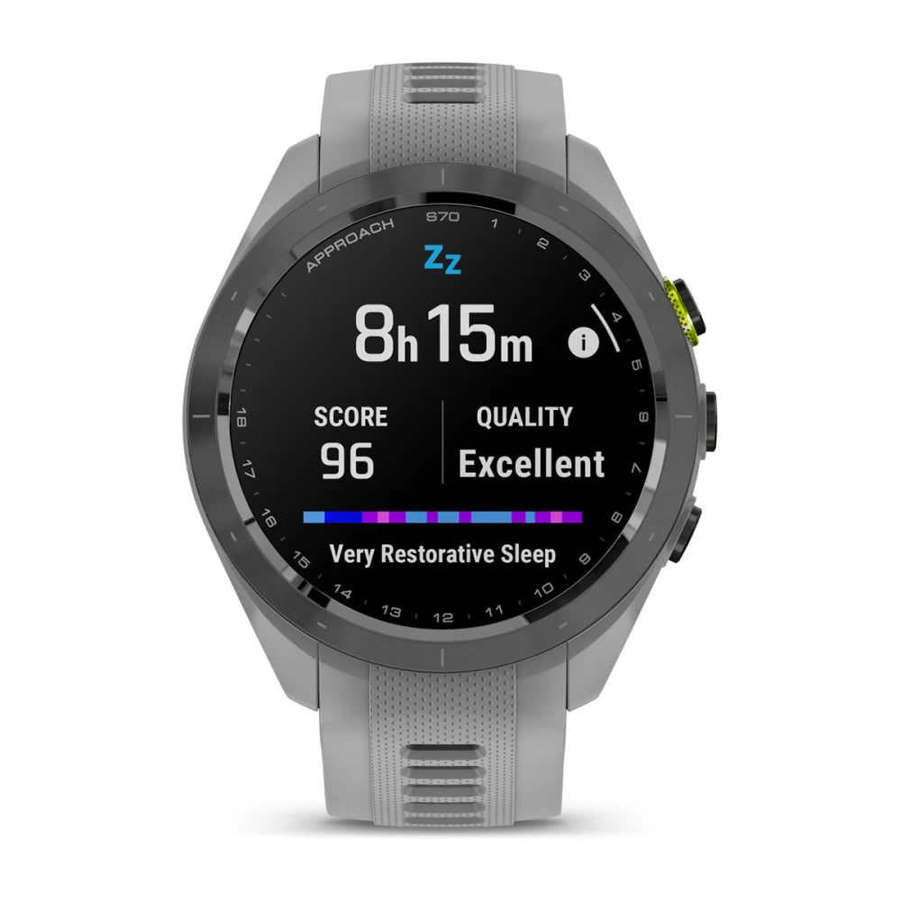 Garmin Approach S70 smartwatch displaying sleep metrics, showing 8 hours and 15 minutes of sleep with a score of 96 and quality rated as excellent.