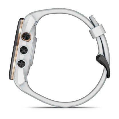 Side view of the Garmin Approach S70 smartwatch featuring a sleek design with a white strap and multiple buttons on the side.