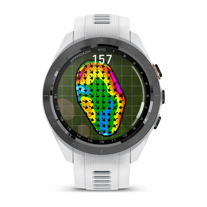 Garmin Approach S70 smartwatch displaying a colorful golf course map with directional arrows and distance information.