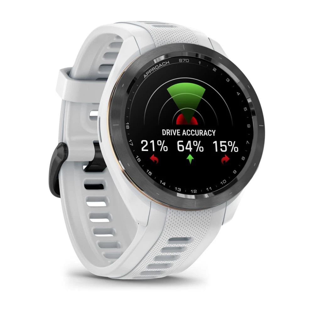 Garmin Approach S70 smartwatch displaying drive accuracy metrics with a white strap.