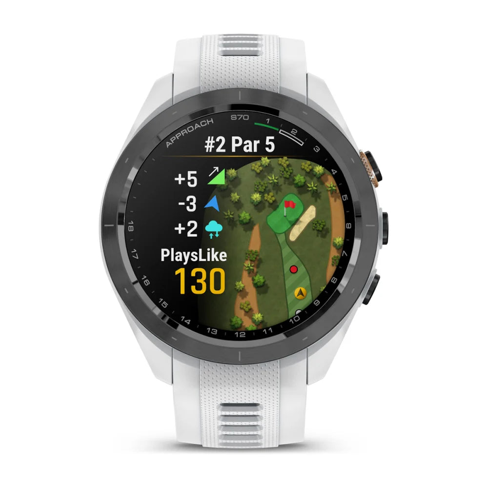 Garmin Approach S70 displaying a golf course layout for hole #2, showing par 5, distance indicators, and a plays-like distance of 130 yards.