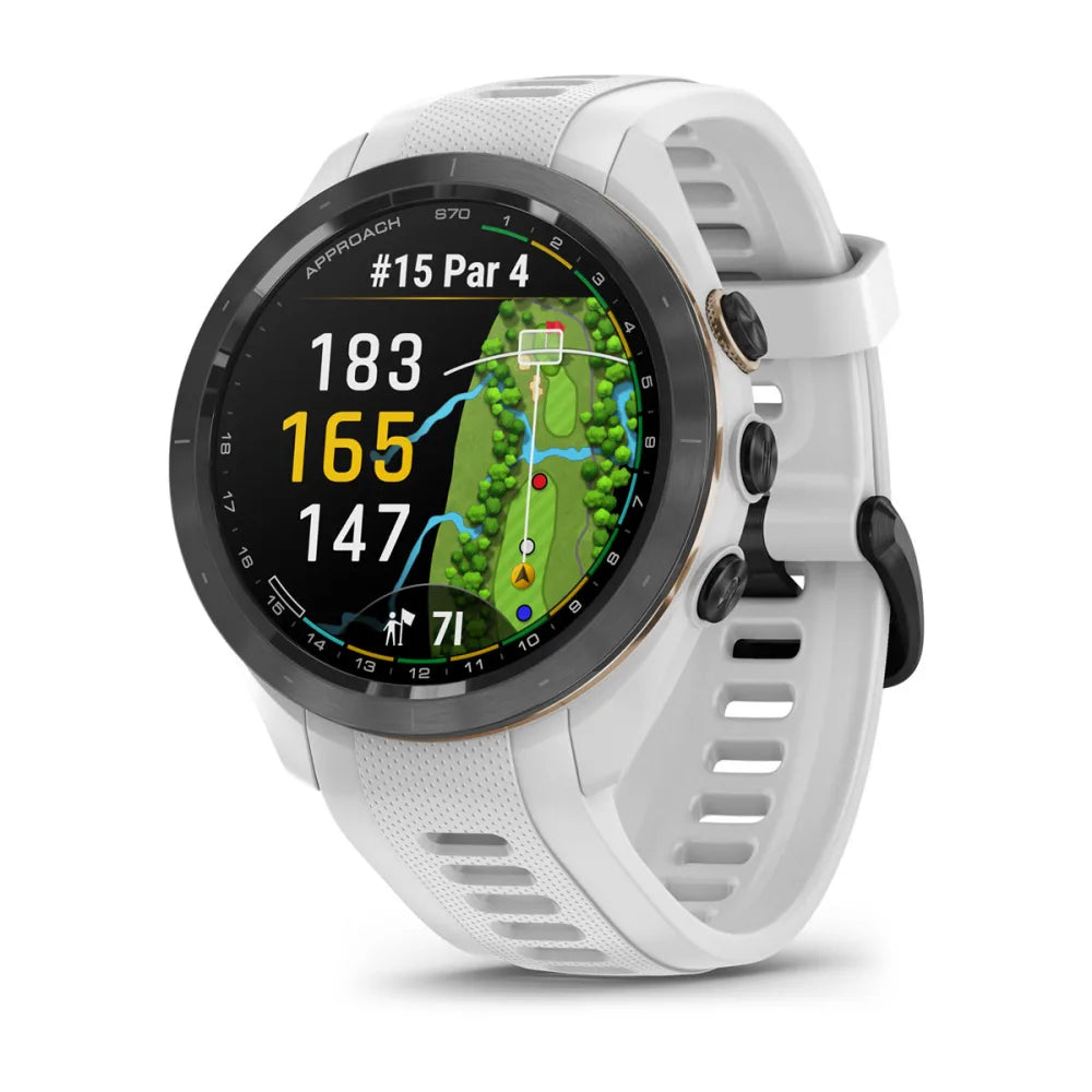 Garmin Approach S70 smartwatch displaying a golf course layout with distances and hole information.