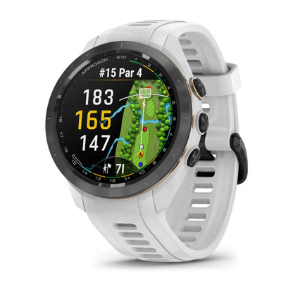 Garmin Approach S70 smartwatch displaying a golf course layout with distances and hole information.