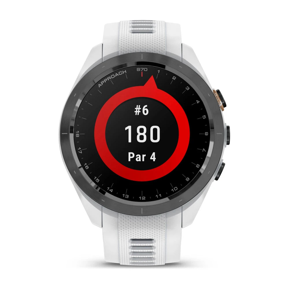 Garmin Approach S70 golf watch displaying hole #6, 180 yards, Par 4.