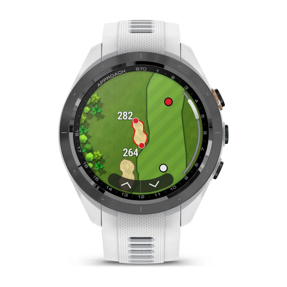 Garmin Approach S70 smartwatch displaying a golf course map with hole distances and layout.