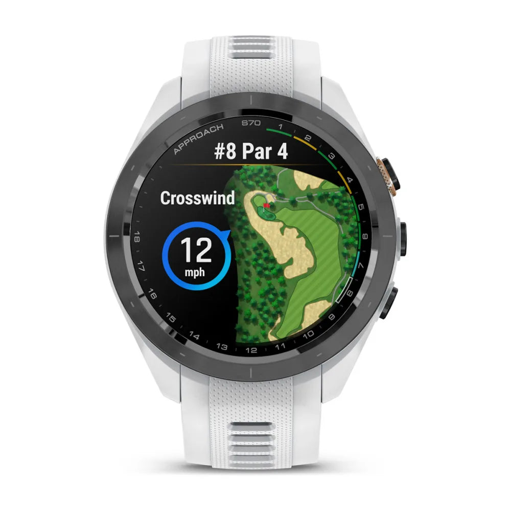 Garmin Approach S70 smartwatch displaying a golf course layout for hole #8, showing a crosswind of 12 mph.