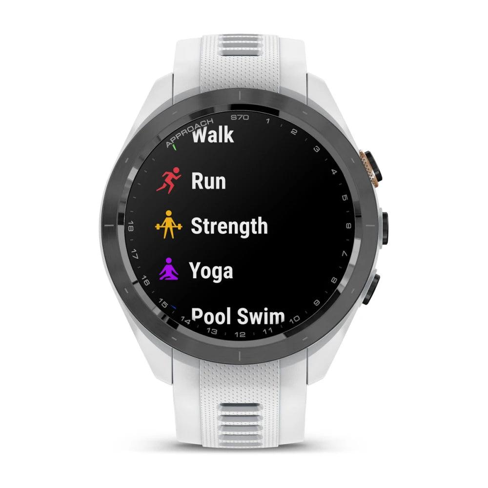 Garmin Approach S70 smartwatch displaying workout options: Walk, Run, Strength, Yoga, and Pool Swim.