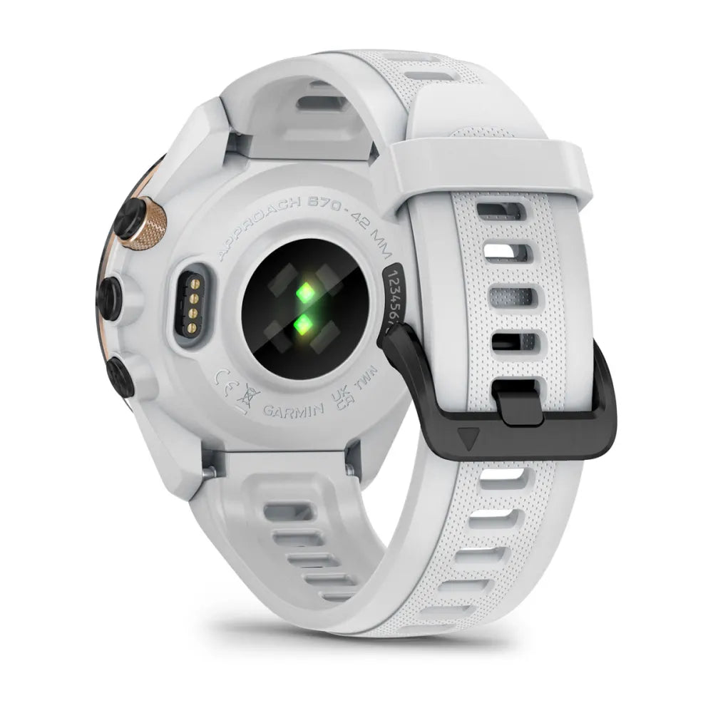 Close-up view of the back of the Garmin Approach S70 smartwatch, showcasing the sensor and strap design.