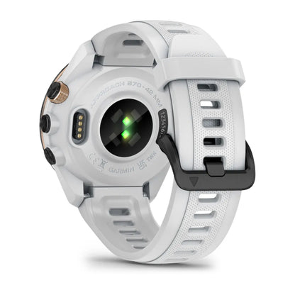 Close-up view of the back of the Garmin Approach S70 smartwatch, showcasing the sensor and strap design.