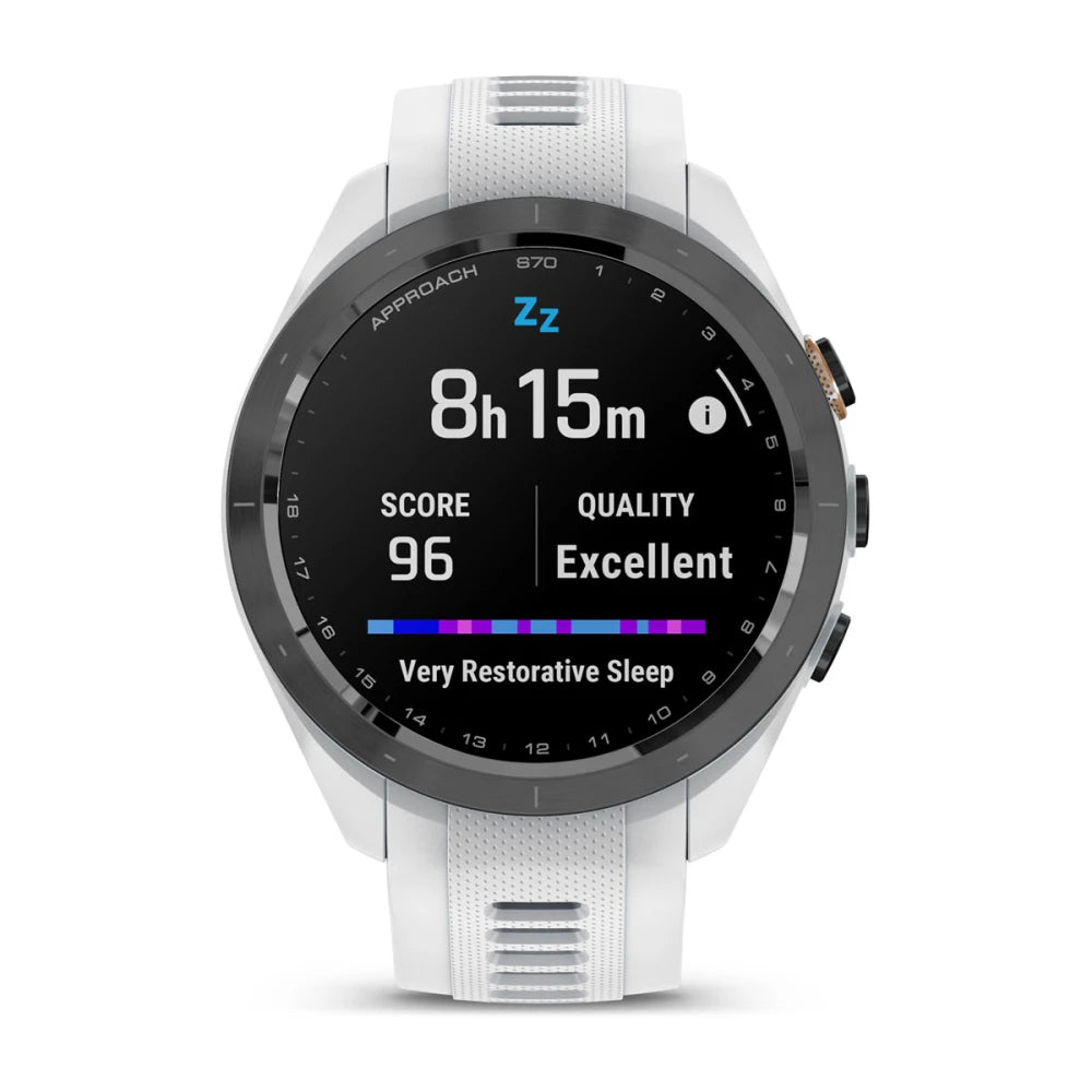 Garmin Approach S70 smartwatch displaying sleep data with a score of 96 and a quality rating of Excellent, showing 8 hours and 15 minutes of sleep.