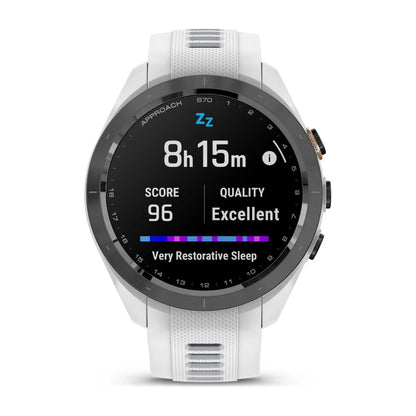 Garmin Approach S70 smartwatch displaying sleep data with a score of 96 and a quality rating of Excellent, showing 8 hours and 15 minutes of sleep.
