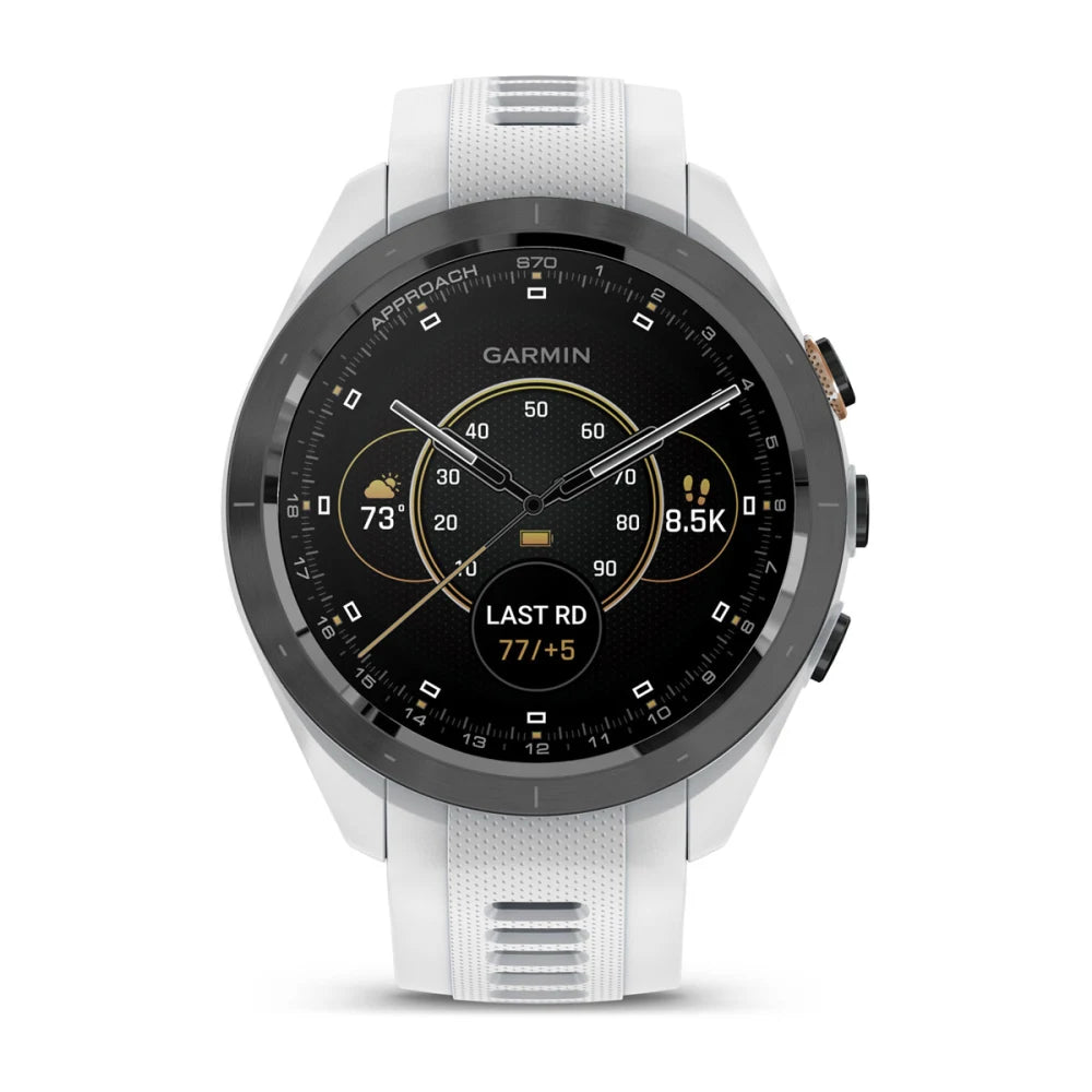 Garmin Approach S70 smartwatch displaying various metrics including temperature, distance, and last round score.
